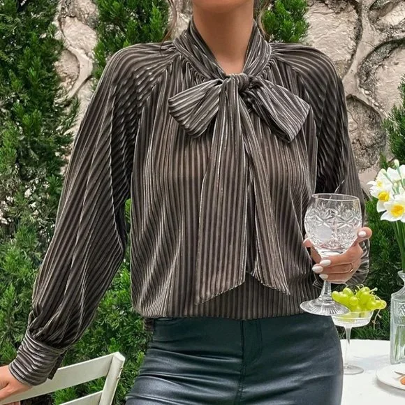 Womens Tie Neck Raglan Sleeve Tie Front Blouse - Picture 3 of 4